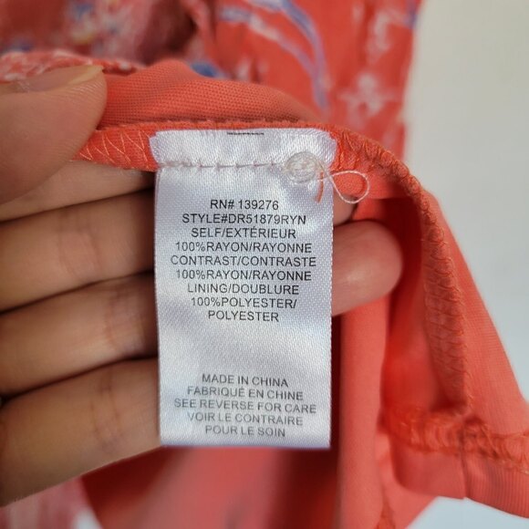 DR2 Coral Pink Floral Faux Wrap Flutter Short Sleeve V Neck Midi Dress Sz Medium - Picture 10 of 12